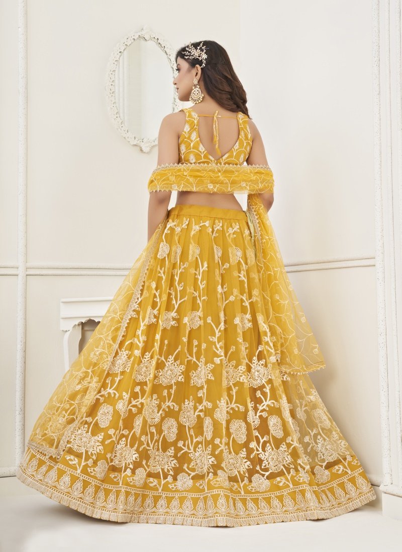 Yellow Net Lehenga Choli With Thread, Mirror and Sequins Work-2