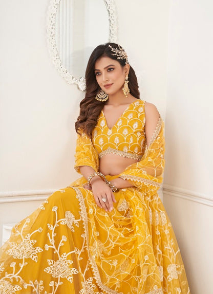 Yellow Net Lehenga Choli With Thread, Mirror and Sequins Work-2