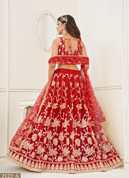 Red Net Lehenga Choli With Embroidery, Sequins and Thread Work-2