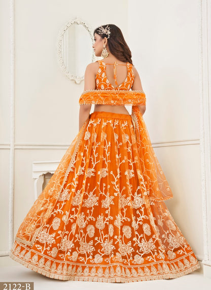 Orange Net Lehenga Choli With Embroidery, Sequins and Thread Work-2
