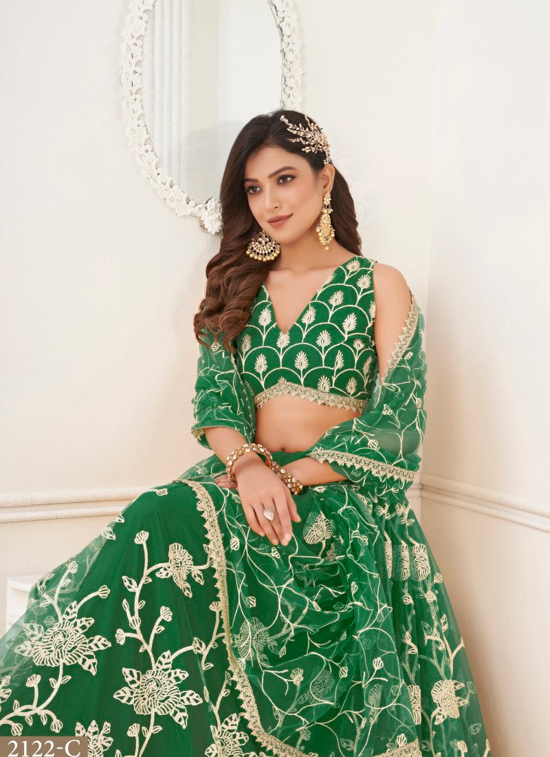 Green Net Lehenga Choli With Embroidery, Sequins and Thread Work-2