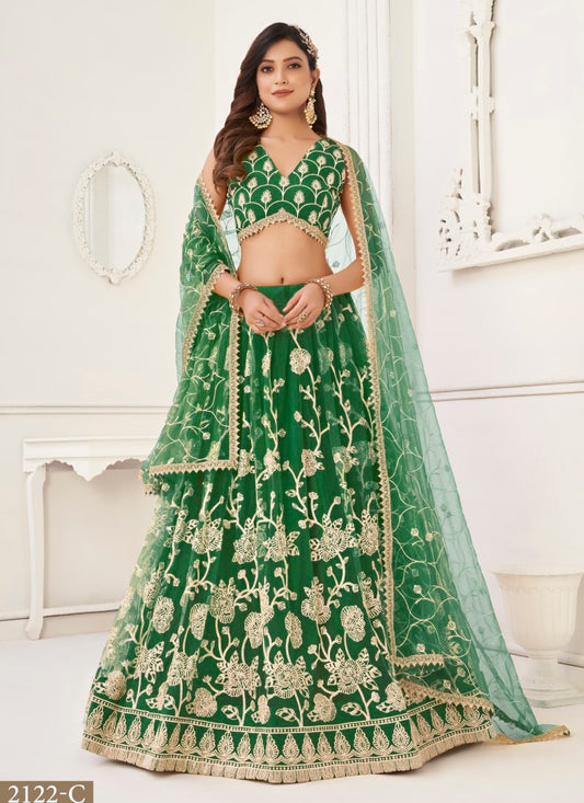 Green Net Lehenga Choli With Embroidery, Sequins and Thread Work