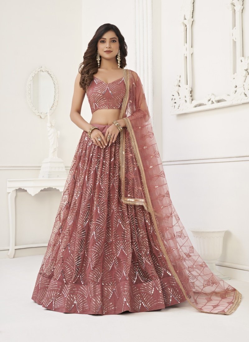 Pink Net Lehenga Choli With Thread, Mirror and Sequins Work