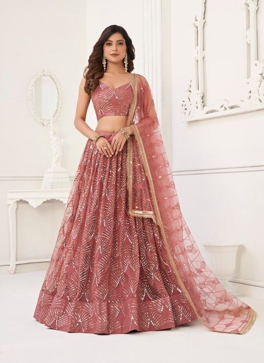 Pink Net Lehenga Choli With Thread, Mirror and Sequins Work