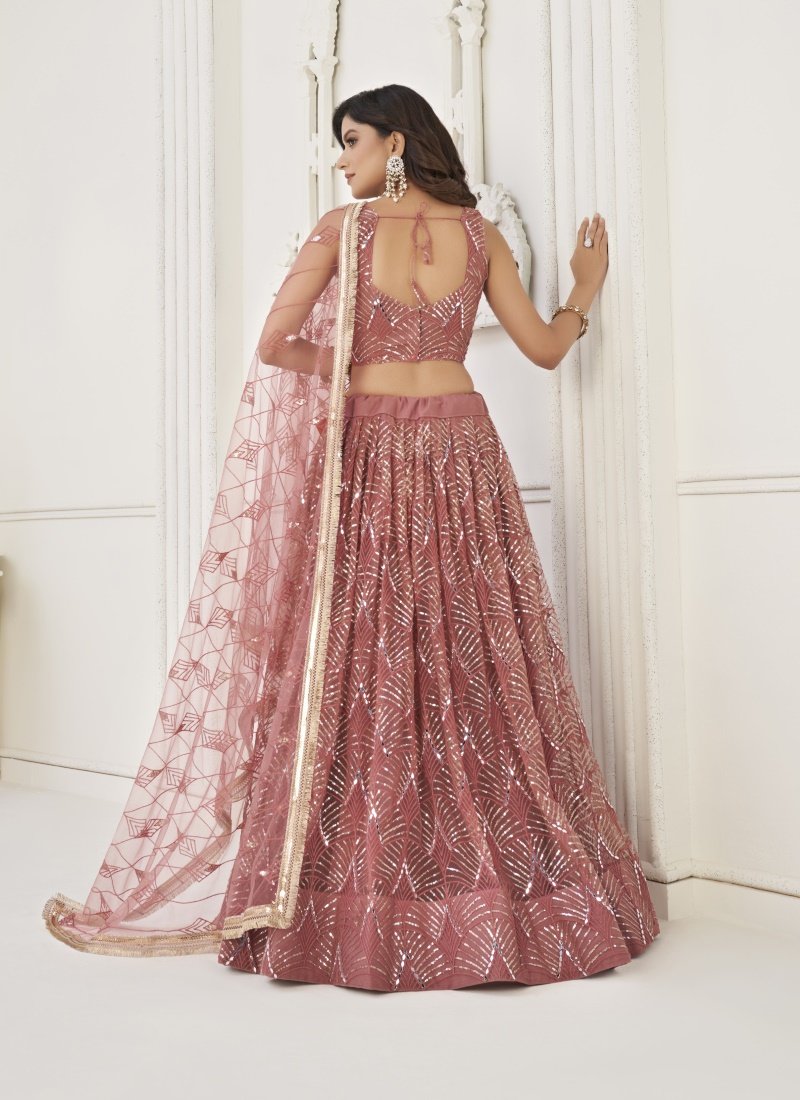 Pink Net Lehenga Choli With Thread, Mirror and Sequins Work-2