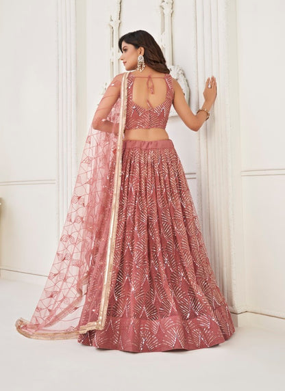 Pink Net Lehenga Choli With Thread, Mirror and Sequins Work-2