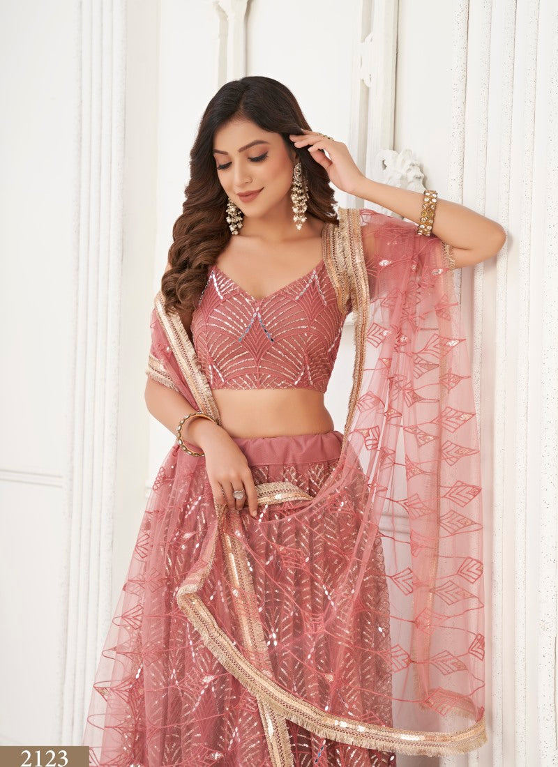 Peach Net Party Wear Lehenga Choli With Embroidery, Sequins, and Thread Work-2