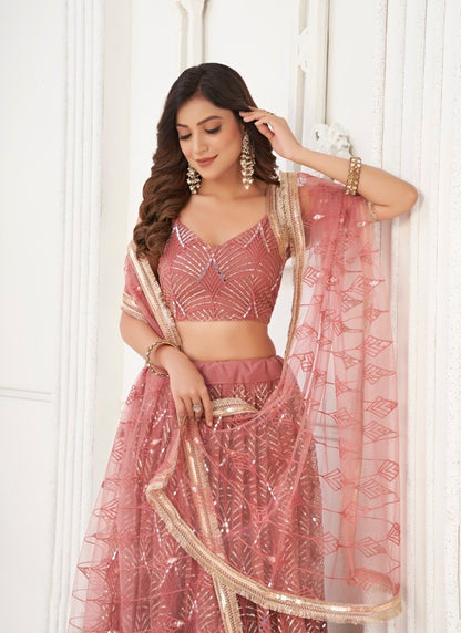 Pink Net Lehenga Choli With Thread, Mirror and Sequins Work-2