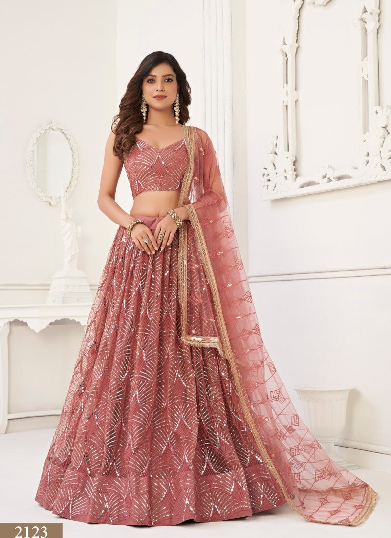 Peach Net Party Wear Lehenga Choli With Embroidery, Sequins, and Thread Work-2