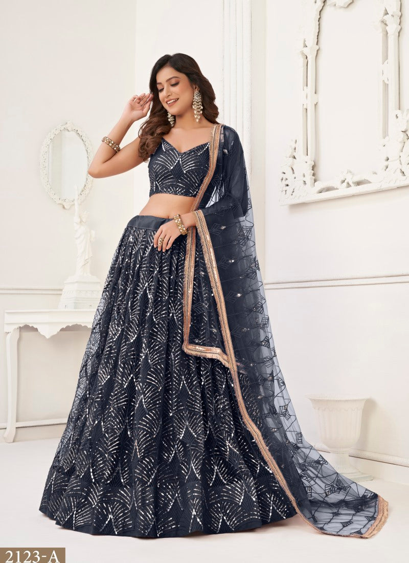 Navy Blue Net Party Wear Lehenga Choli With Embroidery, Sequins, and Thread Work-2