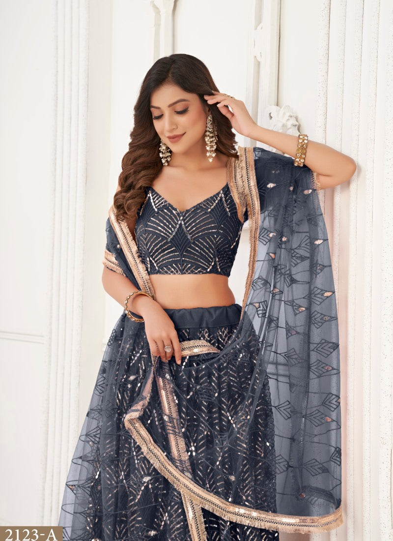 Navy Blue Net Party Wear Lehenga Choli With Embroidery, Sequins, and Thread Work-2