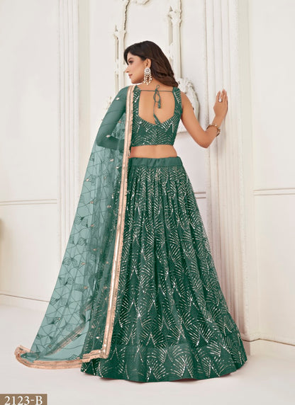 Green Net Party Wear Lehenga Choli With Embroidery, Sequins, and Thread Work-2