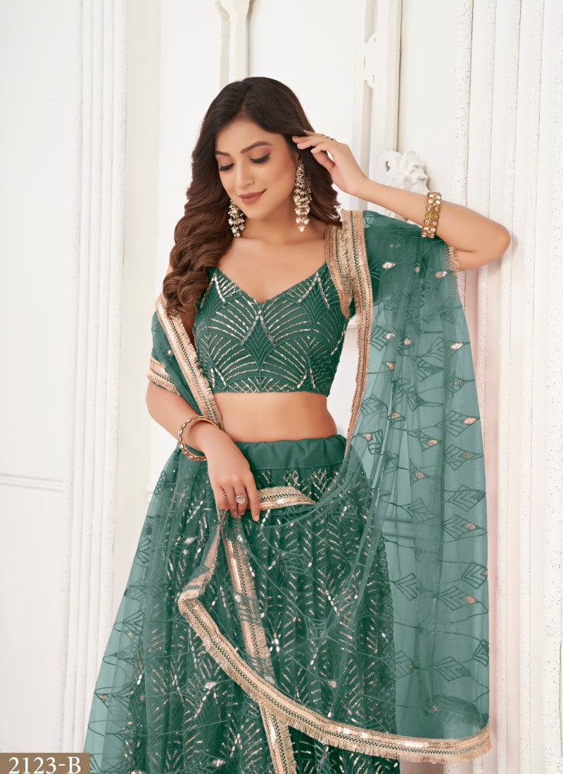 Green Net Party Wear Lehenga Choli With Embroidery, Sequins, and Thread Work-2
