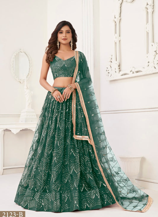 Green Net Party Wear Lehenga Choli With Embroidery, Sequins, and Thread Work
