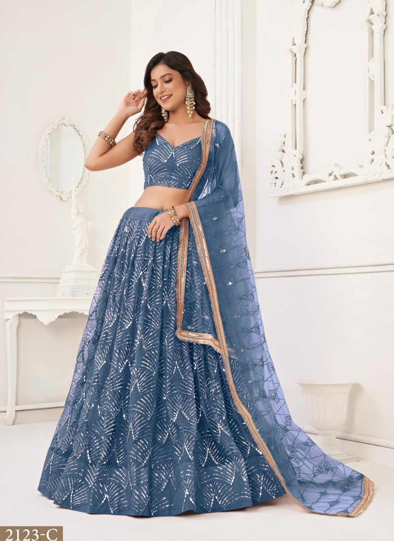Blue Net Party Wear Lehenga Choli With Embroidery, Sequins, and Thread Work-2
