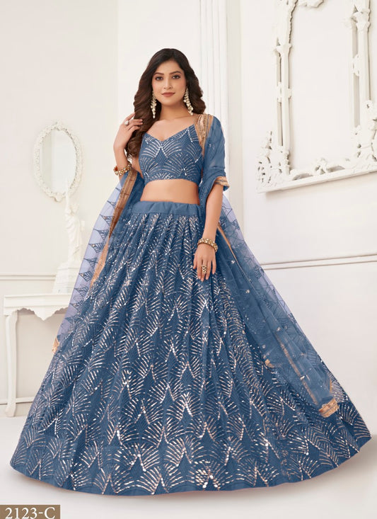 Blue Net Party Wear Lehenga Choli With Embroidery, Sequins, and Thread Work