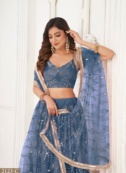Blue Net Party Wear Lehenga Choli With Embroidery, Sequins, and Thread Work-2
