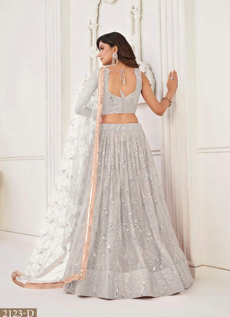 White Net Party Wear Lehenga Choli With Embroidery, Sequins, and Thread Work-2