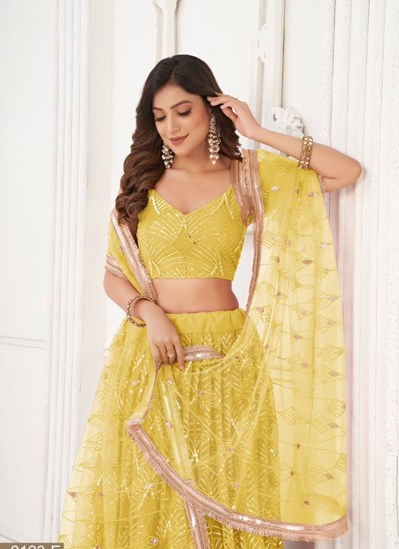 Yellow Net Party Wear Lehenga Choli With Embroidery, Sequins, and Thread Work