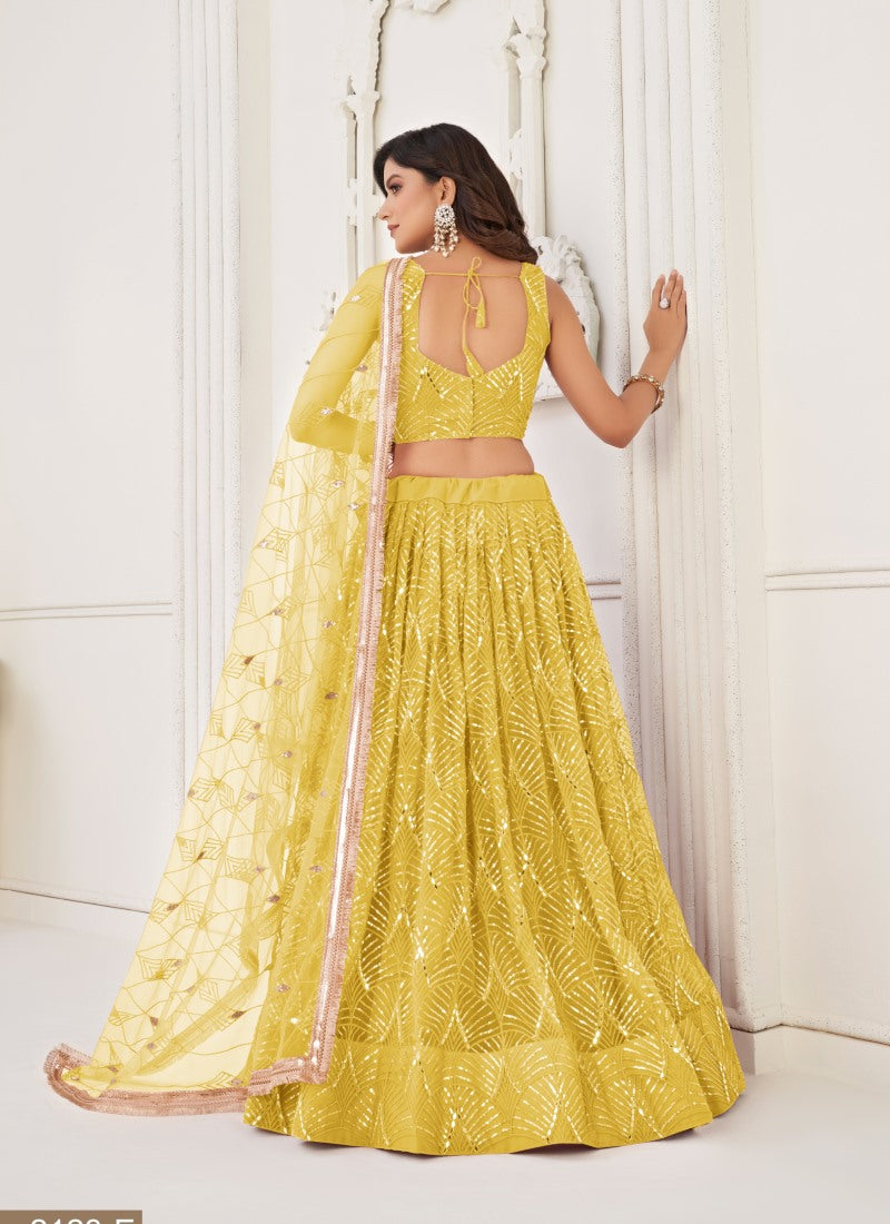 Yellow Net Party Wear Lehenga Choli With Embroidery, Sequins, and Thread Work