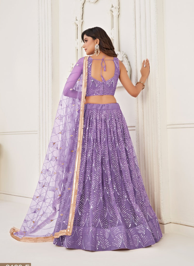 Purple Net Party Wear Lehenga Choli With Embroidery, Sequins, and Thread Work