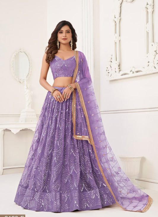 Purple Net Party Wear Lehenga Choli With Embroidery, Sequins, and Thread Work