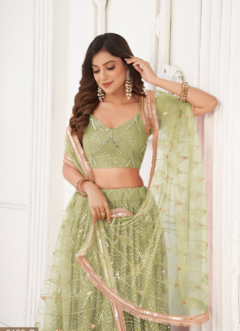 Pista Green Net Party Wear Lehenga Choli With Embroidery, Sequins, and Thread Work
