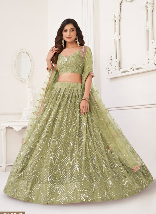 Pista Green Net Party Wear Lehenga Choli With Embroidery, Sequins, and Thread Work