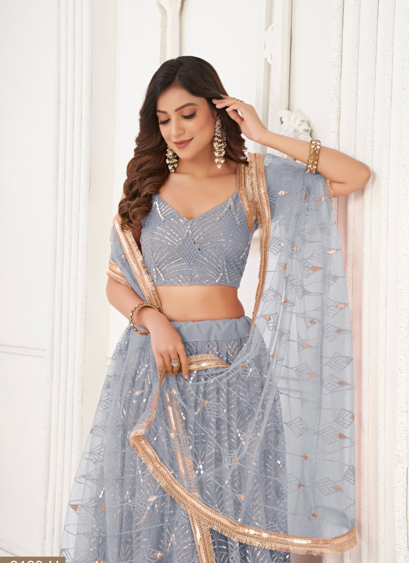 Gray Net Party Wear Lehenga Choli With Embroidery, Sequins, and Thread Work