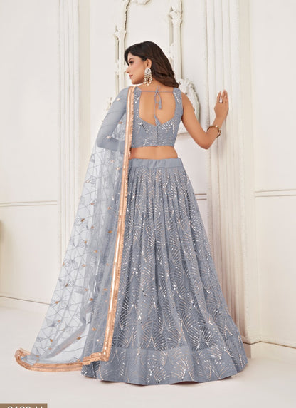 Gray Net Party Wear Lehenga Choli With Embroidery, Sequins, and Thread Work