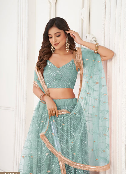 Sea Green Net Party Wear Lehenga Choli With Embroidery, Sequins, and Thread Work