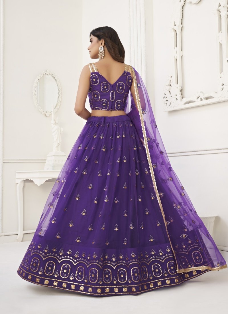 Violet Net Lehenga Choli With Thread, Mirror and Sequins Work-2