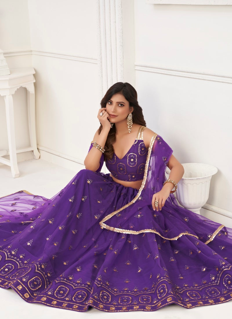 Violet Net Lehenga Choli With Thread, Mirror and Sequins Work-2