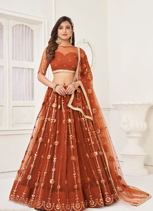 Brown Net Lehenga Choli With Thread, Mirror and Sequins Work