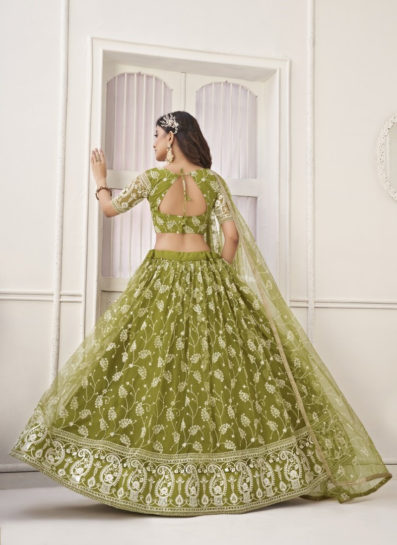 Olive Green Net Lehenga Choli With Thread, Mirror and Sequins Work-2