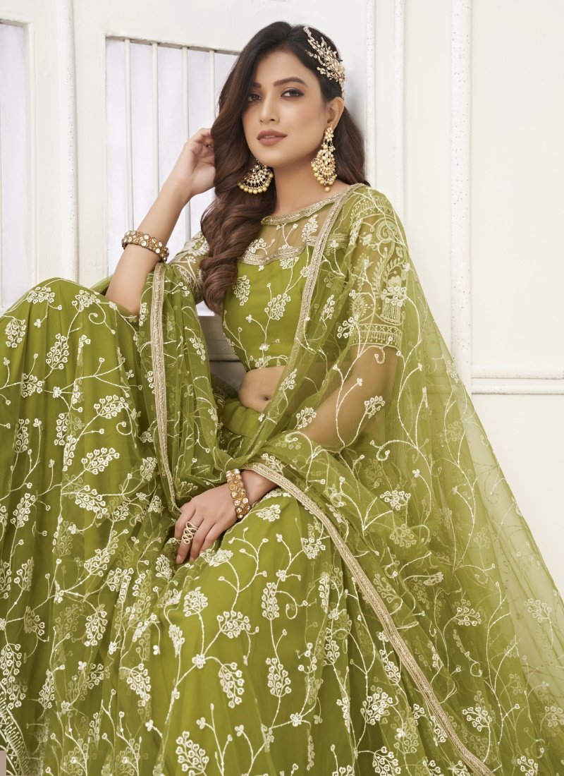 Olive Green Net Lehenga Choli With Thread, Mirror and Sequins Work-2