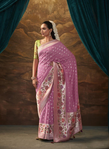 Lavender Banarasi Silk Paithani Saree With Resham Work