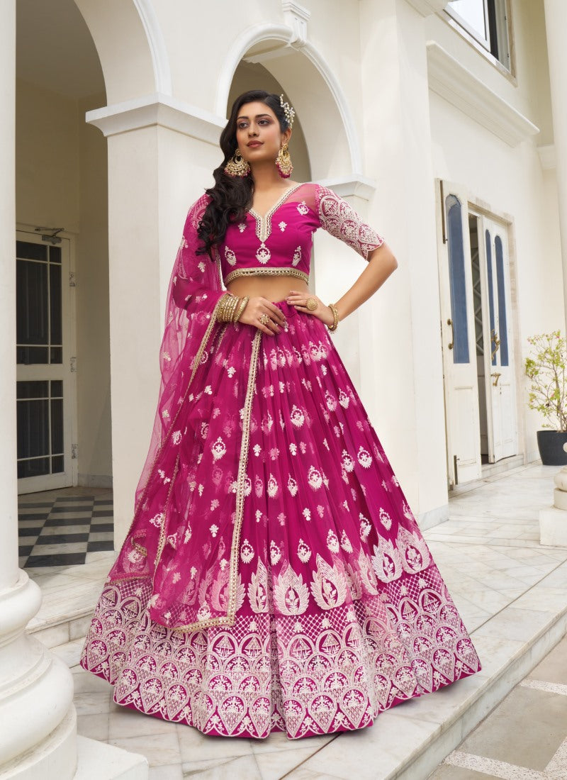 Magenta Butterfly Net Lehenga Choli With Embroidered, Sequins and Thread Work