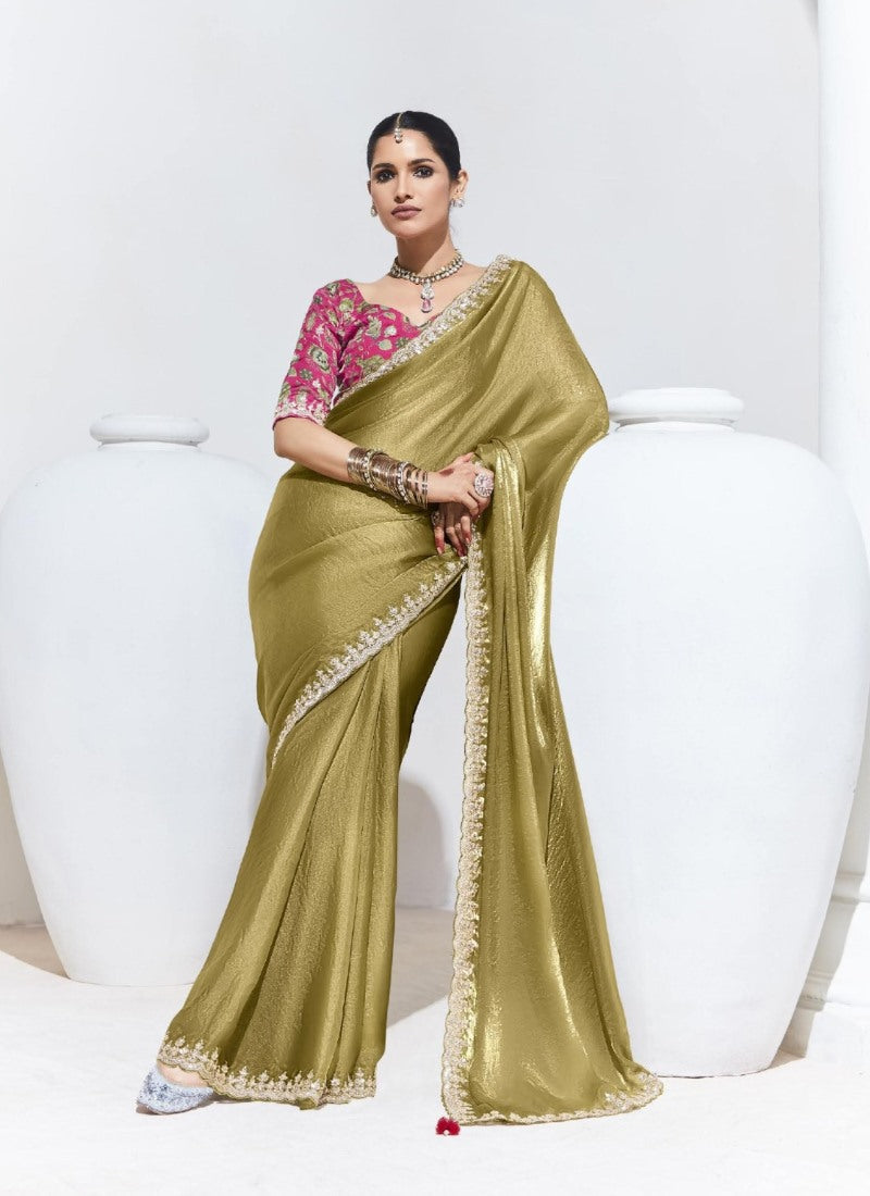 Olive Green Silk Party Wear Saree