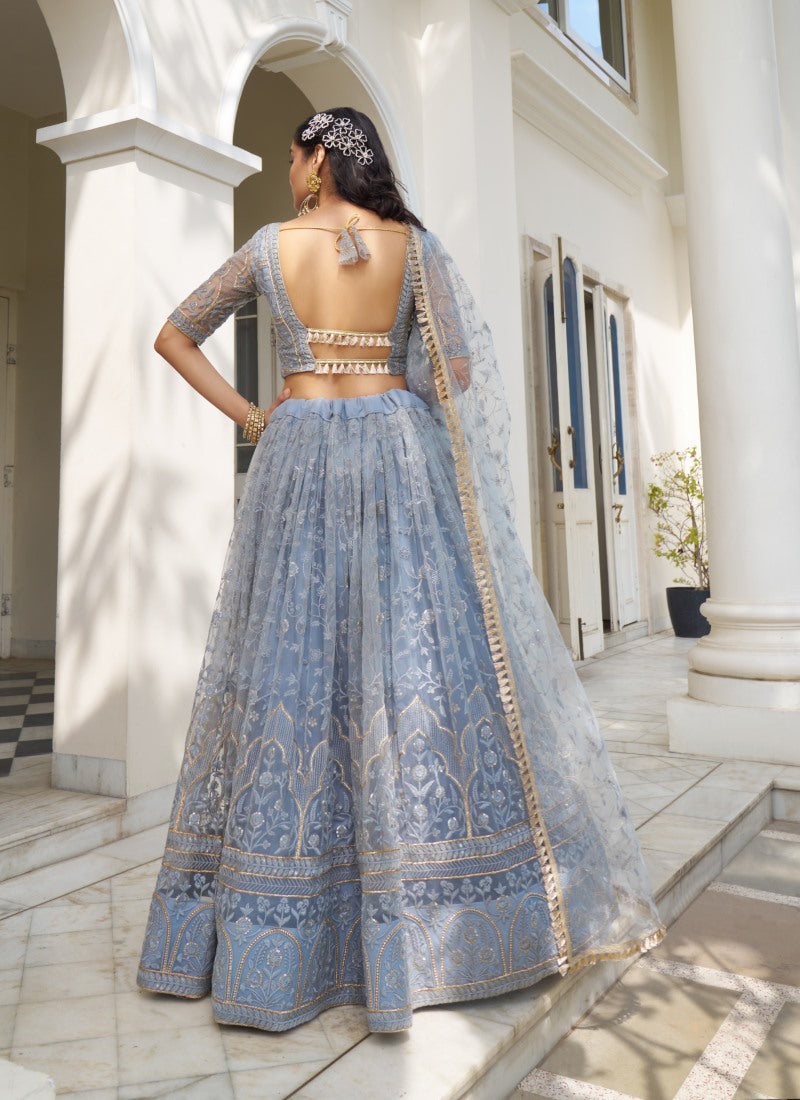 Blue Butterfly Net Lehenga Choli With Embroidered, Sequins and Thread Work