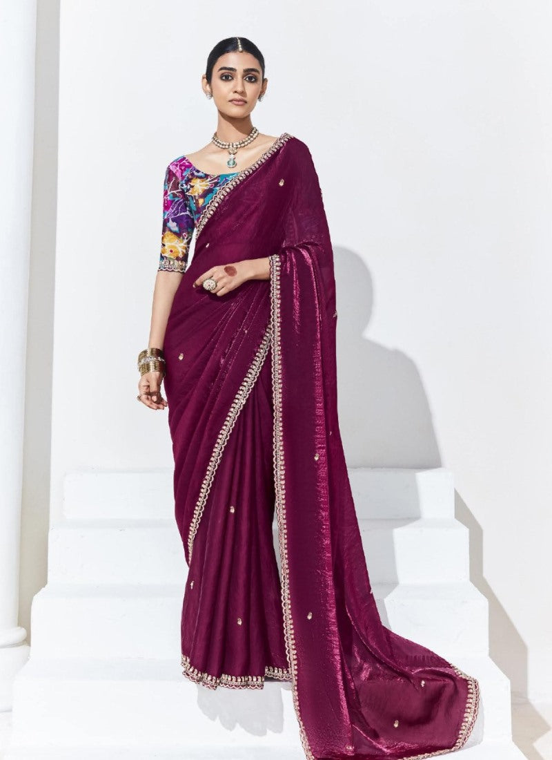 Wine Silk Party Wear Saree