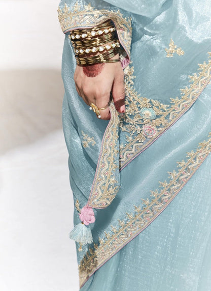 Sky Blue Silk Party Wear Saree