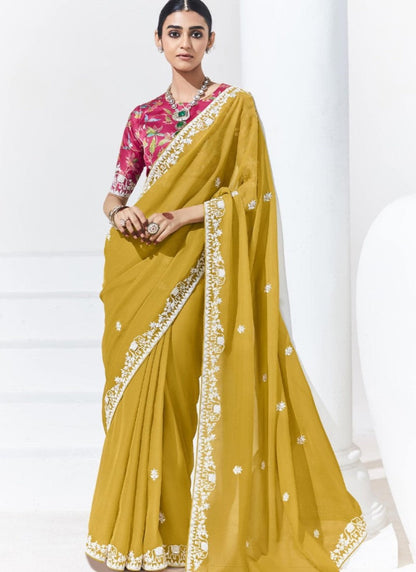 Mustard Yellow Silk Party Wear Saree