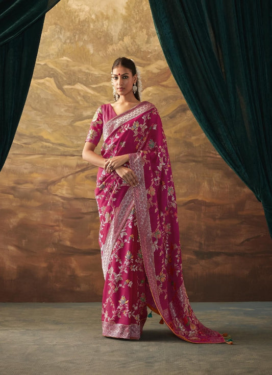 Magenta Banarasi Silk Paithani Saree With Resham Work