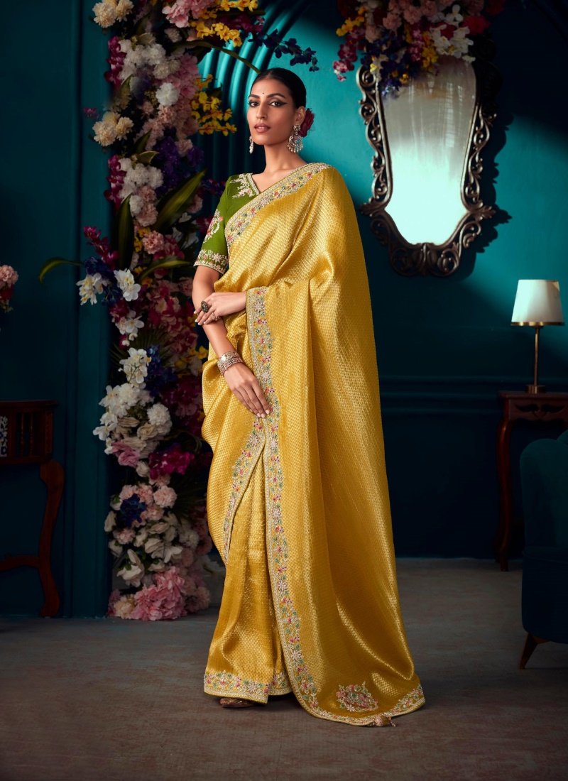 Yellow Pure Kanjivaram Saree with Heavy Embroidery, Sequins and Stone Work