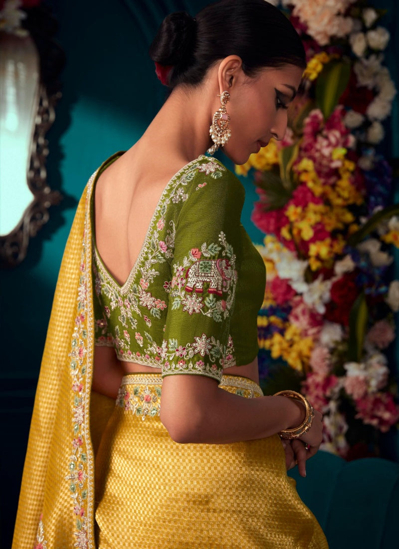 Yellow Pure Kanjivaram Saree with Heavy Embroidery, Sequins and Stone Work-2