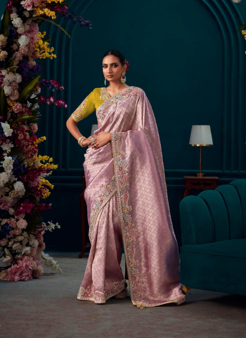 Pink Pure Kanjivaram Saree with Heavy Embroidery, Sequins and Stone Work