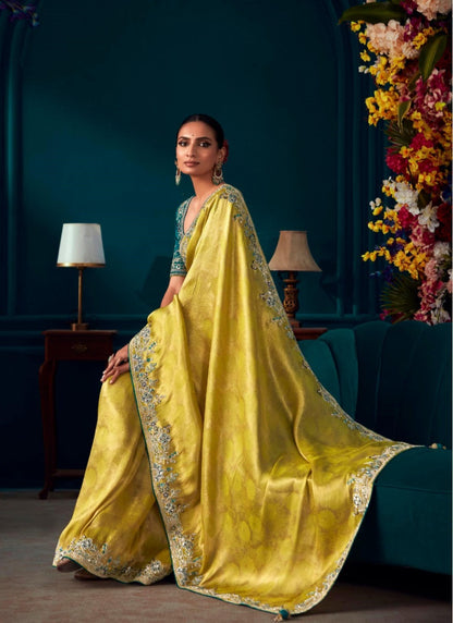 Yellow Pure Kanjivaram Saree with Heavy Embroidery, Sequins and Stone Work-2