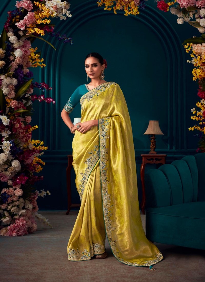 Yellow Pure Kanjivaram Saree with Heavy Embroidery, Sequins and Stone Work