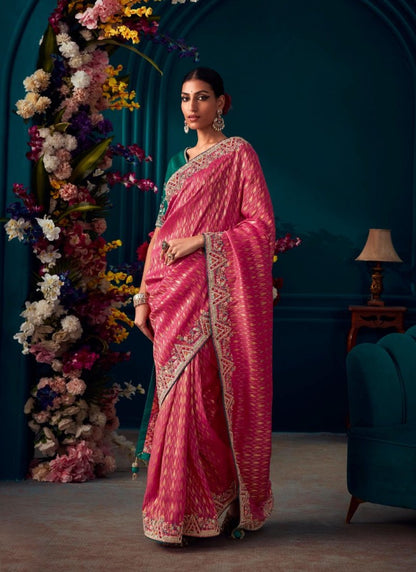 Magenta Pure Kanjivaram Saree with Heavy Embroidery, Sequins and Stone Work